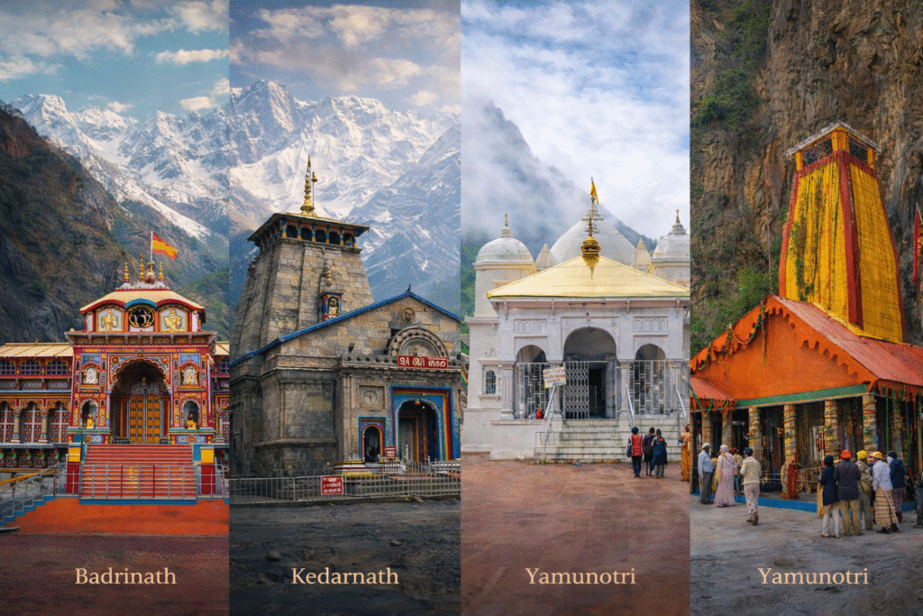 Collage of the four Char Dham temples in Uttarakhand—Badrinath, Kedarnath, Gangotri, and Yamunotri—shown side by side with Himalayan mountains and temple entrances.