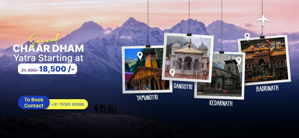 Chaar Dham Yatra tour package banner with temple images and Himalayan background